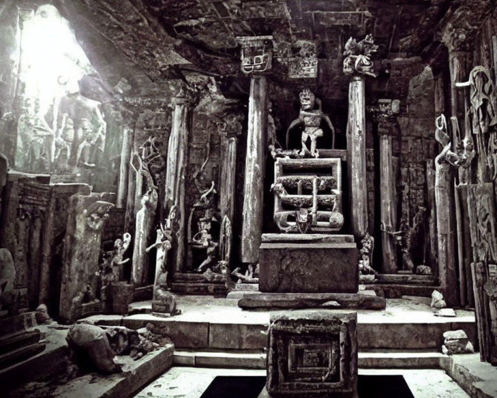 Mysterious Underground Chamber with Ancient Columns and Statues