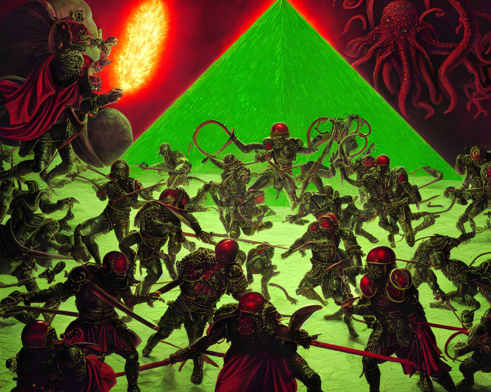 Skeletal warriors in red capes march under green pyramid with giant tentacled creature