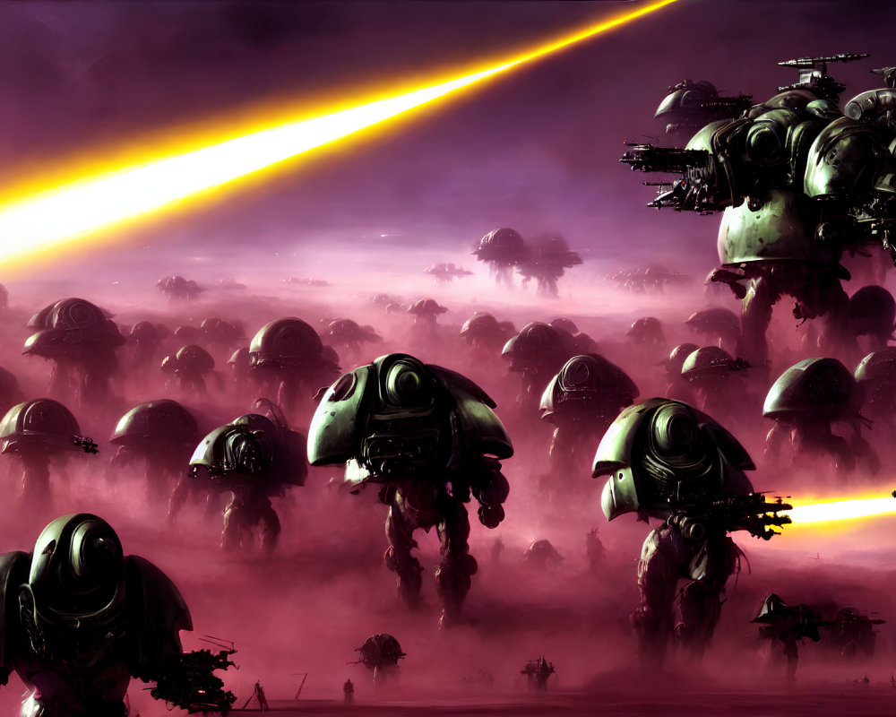 Sci-fi scene: robotic walkers and war machines under purple sky