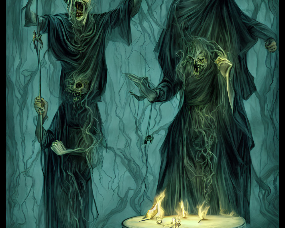 Eerie skeletal figures with glowing eyes in green flames