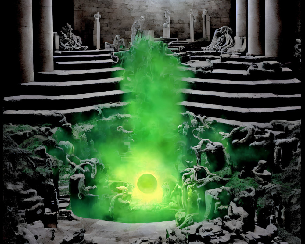 Ethereal green glow in mystical underground chamber with classical architecture