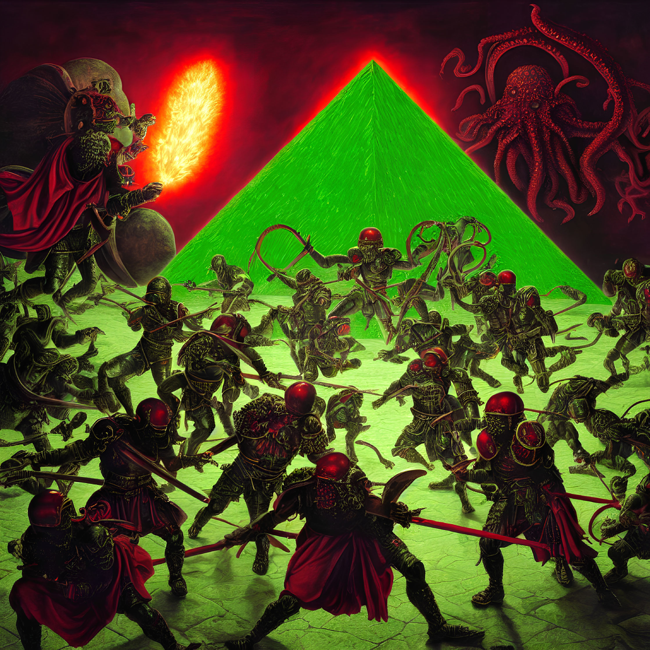 Skeletal warriors in red capes march under green pyramid with giant tentacled creature