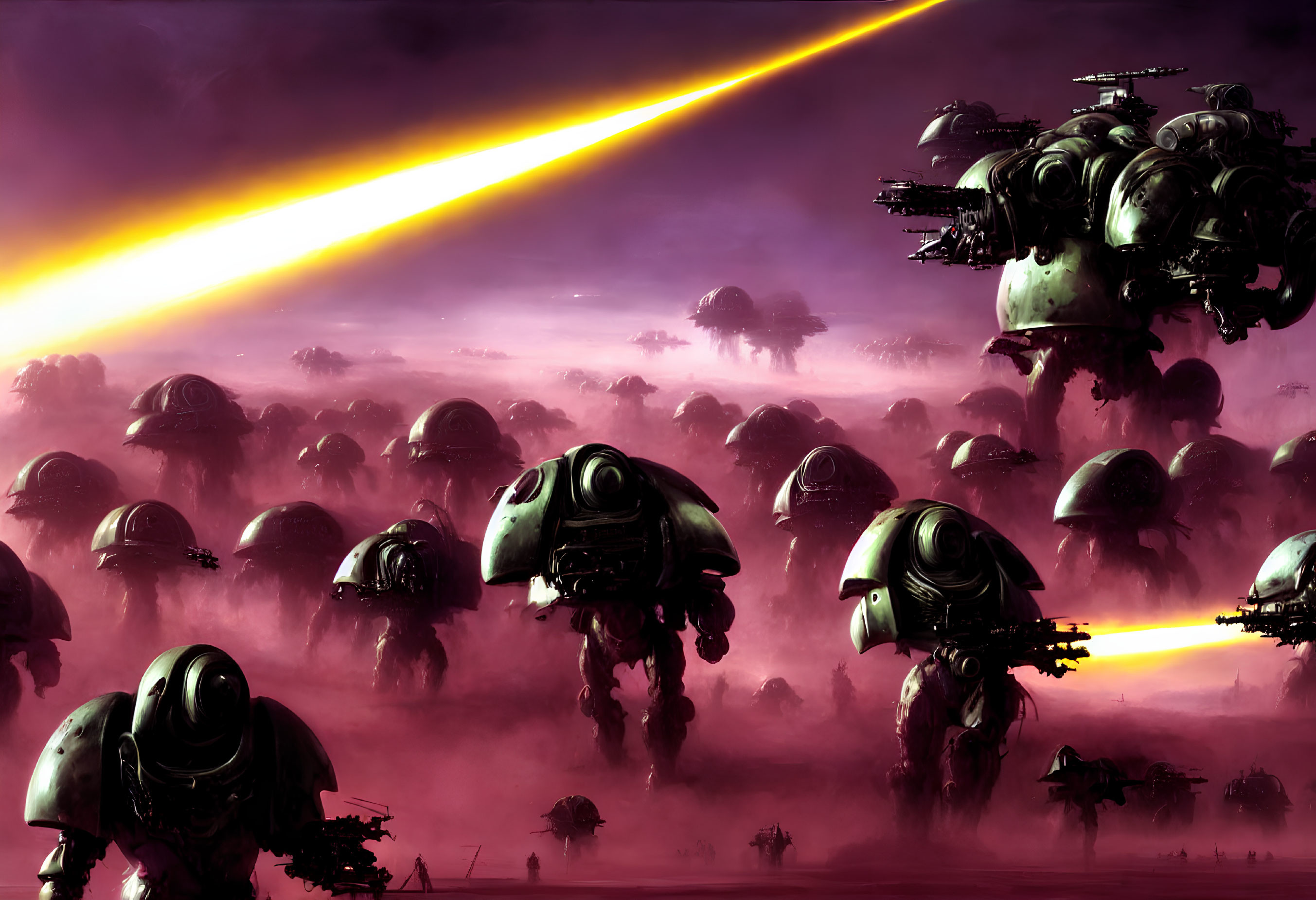 Sci-fi scene: robotic walkers and war machines under purple sky