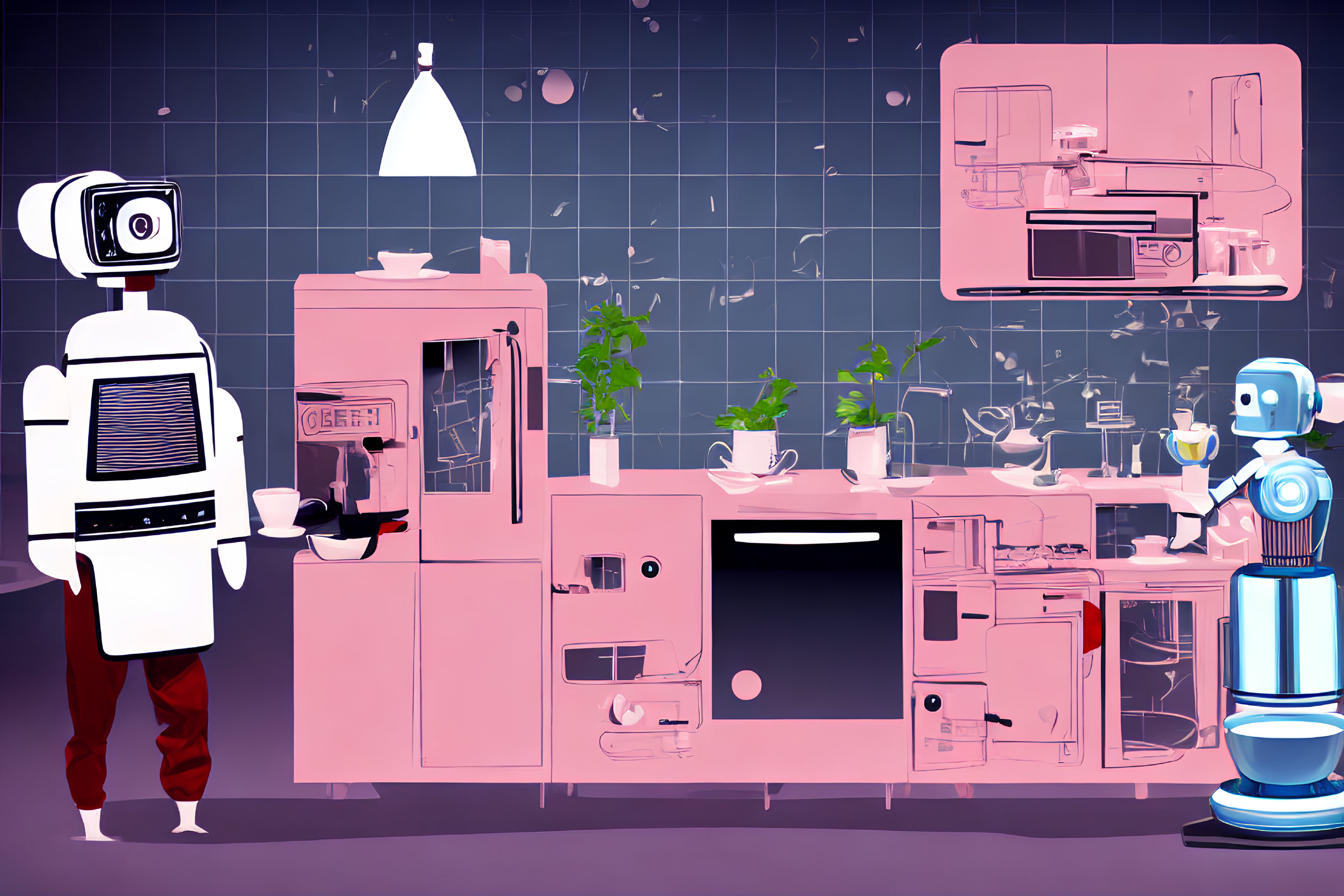 Stylized kitchen scene with robots cooking and brewing coffee among pink appliances and herbs on shelves against grid