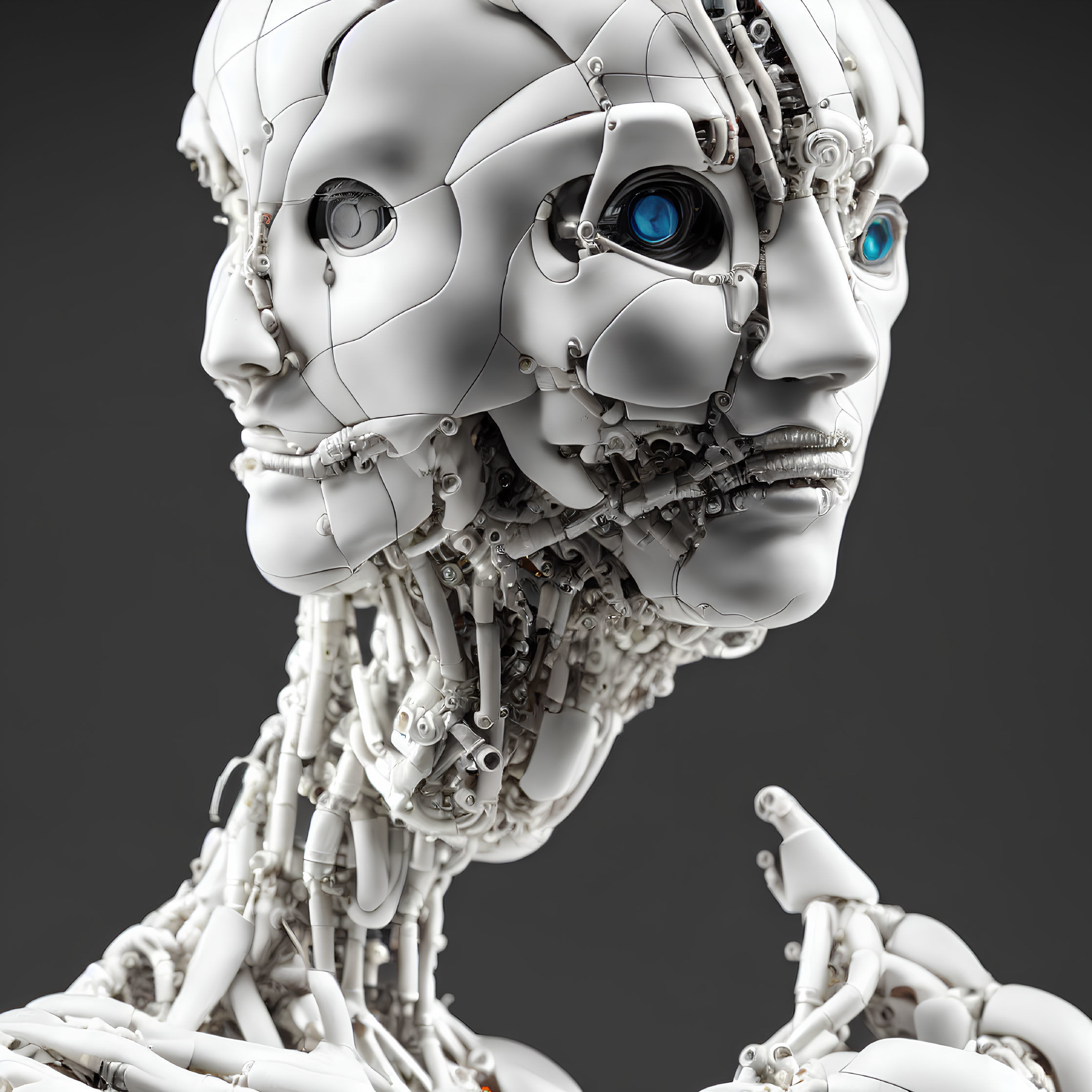 Detailed Close-Up of Humanoid Robot Head and Shoulders with Intricate Mechanical Parts and Blue Eye on
