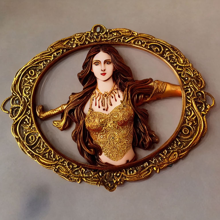 Golden framed pendant with relief of woman in flowing hair and detailed bodice