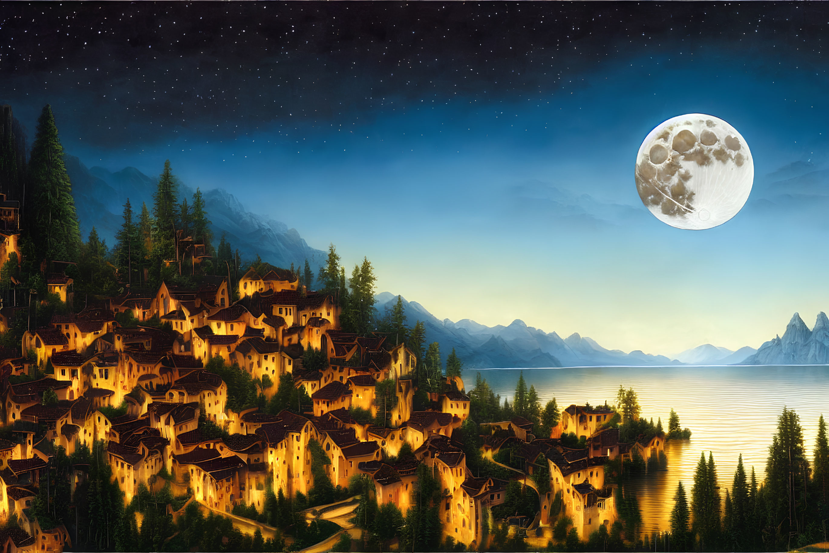 Scenic night view of lakeside town with glowing windows, mountains, starry sky, detailed moon