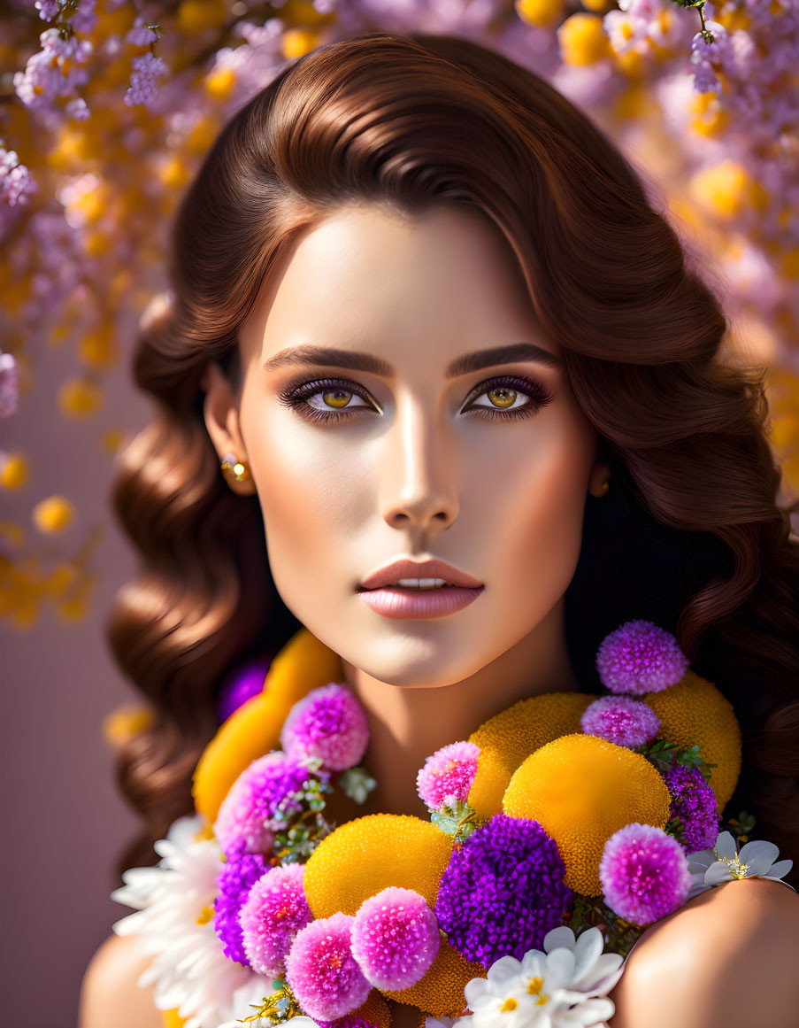 Curly-Haired Woman with Bold Makeup Surrounded by Colorful Flowers on Purple Background