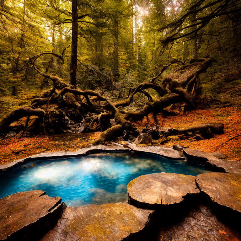 Tranquil Forest Scene with Blue Pond and Fallen Trees