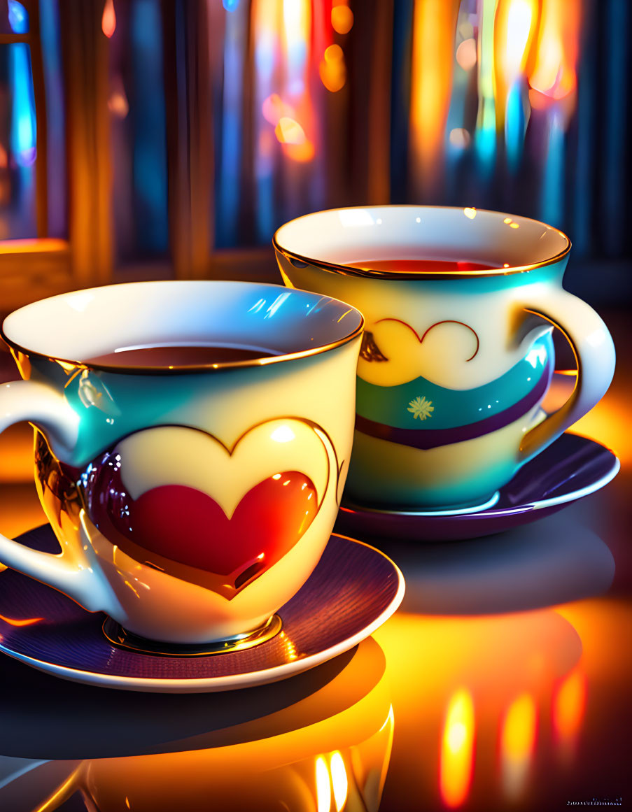 Decorative Cups with Heart Designs and Bokeh Lights in Cozy Indoor Setting