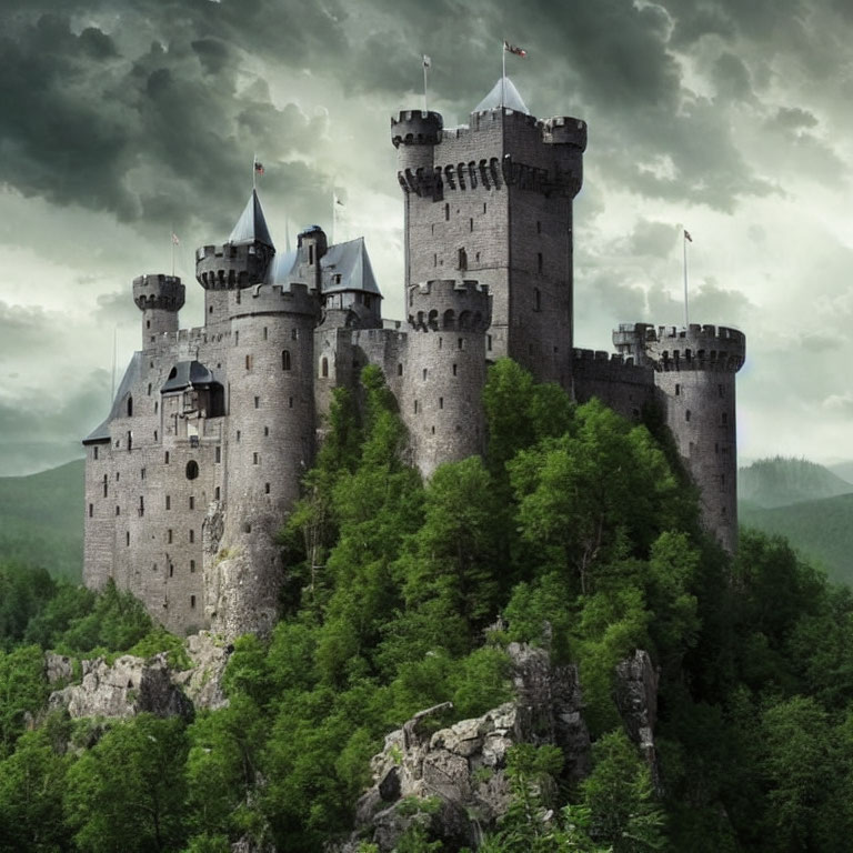 Stone castle with towers in forest under dramatic sky