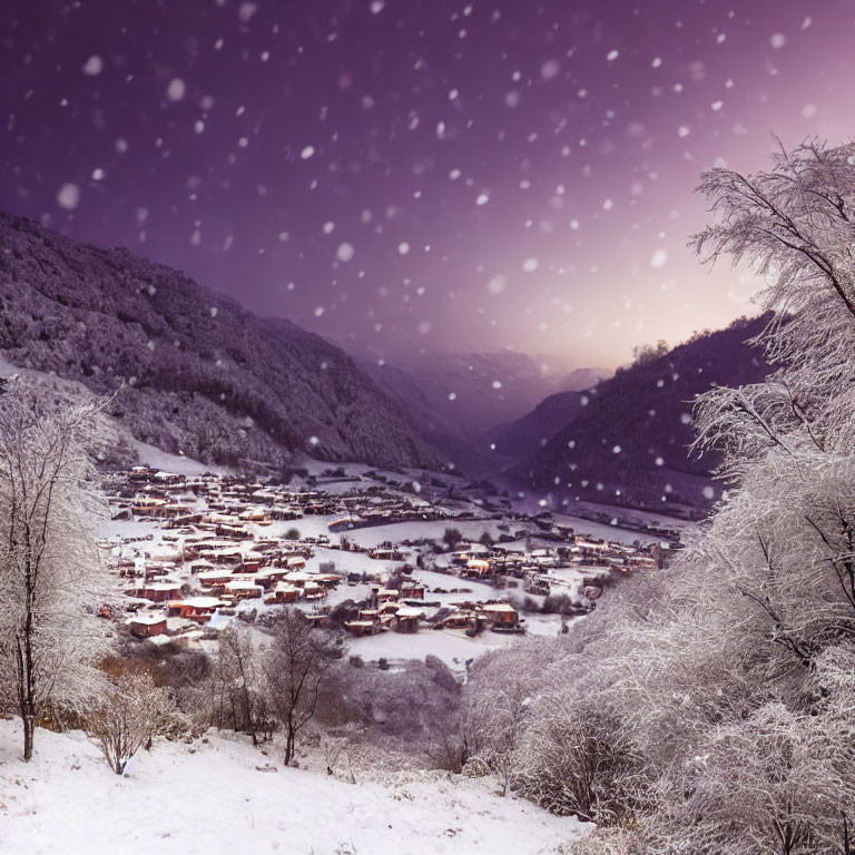 Snowy village with snow-covered trees under purple-tinted sky