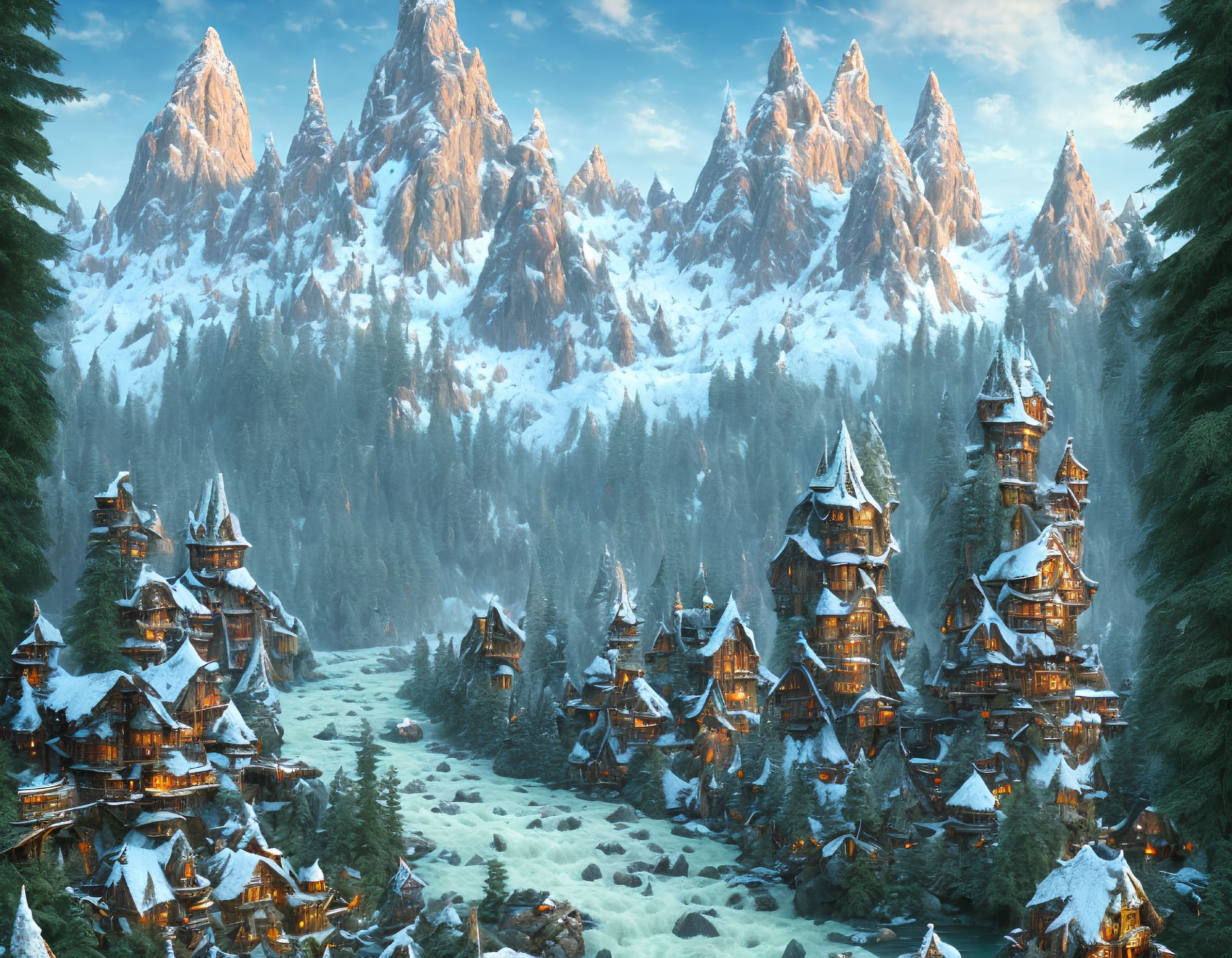 Snow-covered pines, wooden houses, and mountains in winter sunrise.