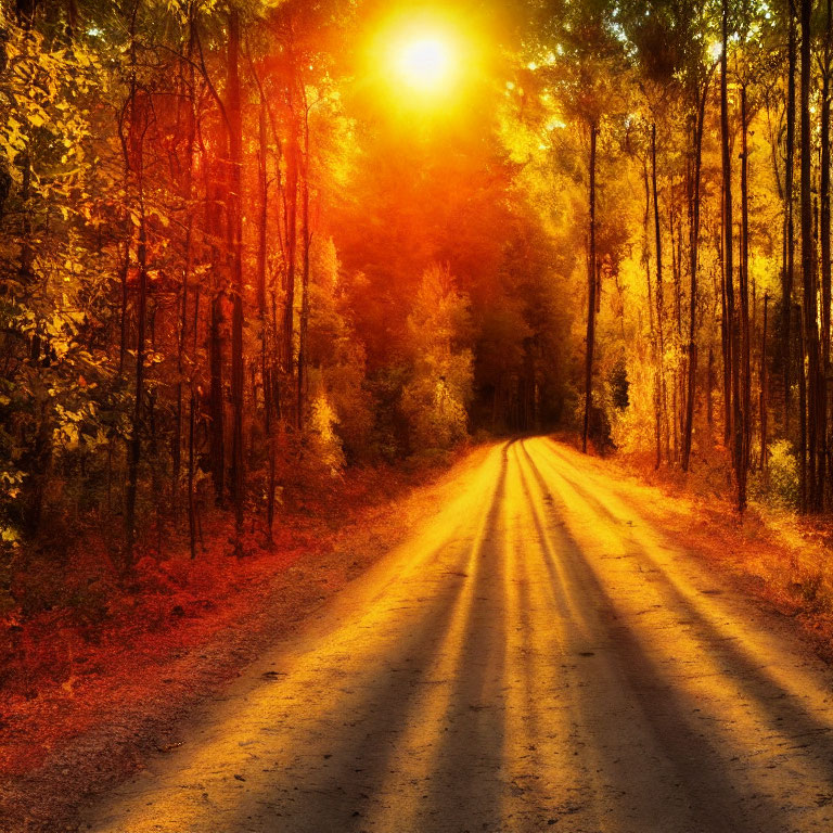 Golden Sun Casting Long Shadows on Serene Autumn Forest Road