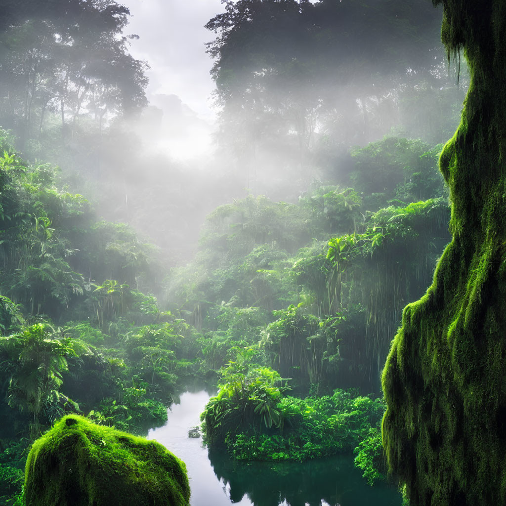 Tranquil jungle scene with mist, greenery, cliffs, and river