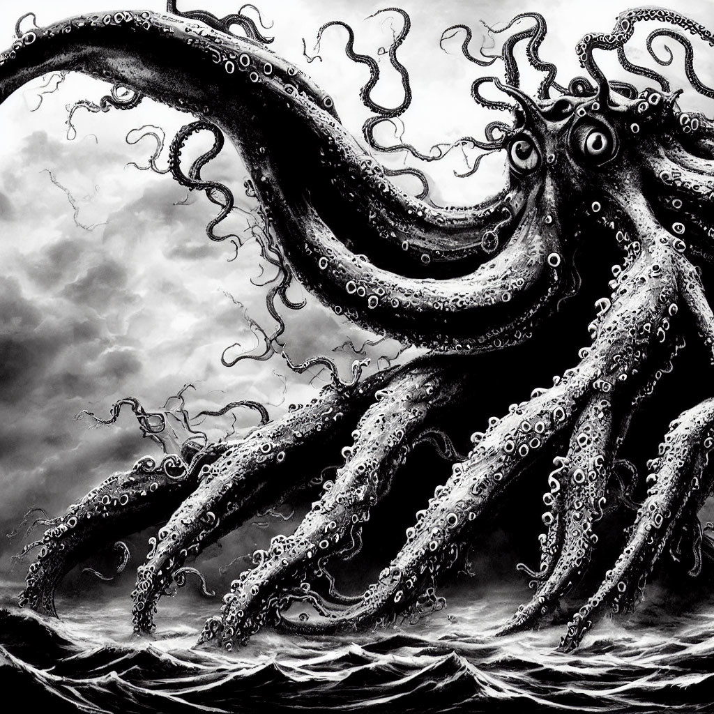 Monochromatic illustration: Giant octopus with multiple tentacles in sea under cloudy sky