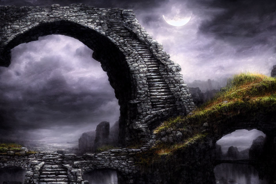 Ancient stone bridge under crescent moon in misty twilight landscape