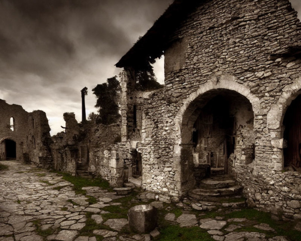 Ancient Stone Street with Dilapidated Ruins and Dramatic Sky