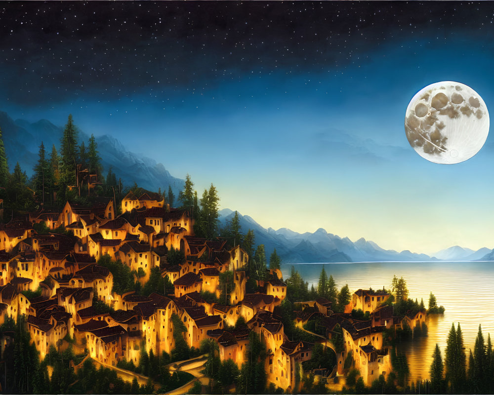 Scenic night view of lakeside town with glowing windows, mountains, starry sky, detailed moon