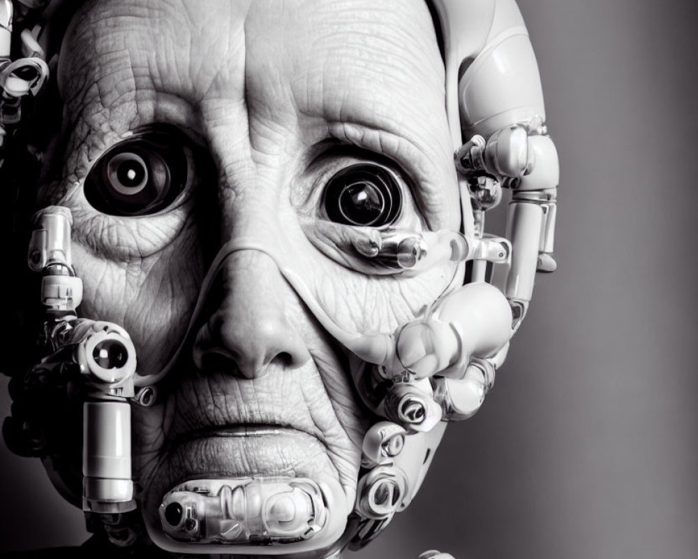 Monochrome surreal portrait of human-android fusion with contemplative expression