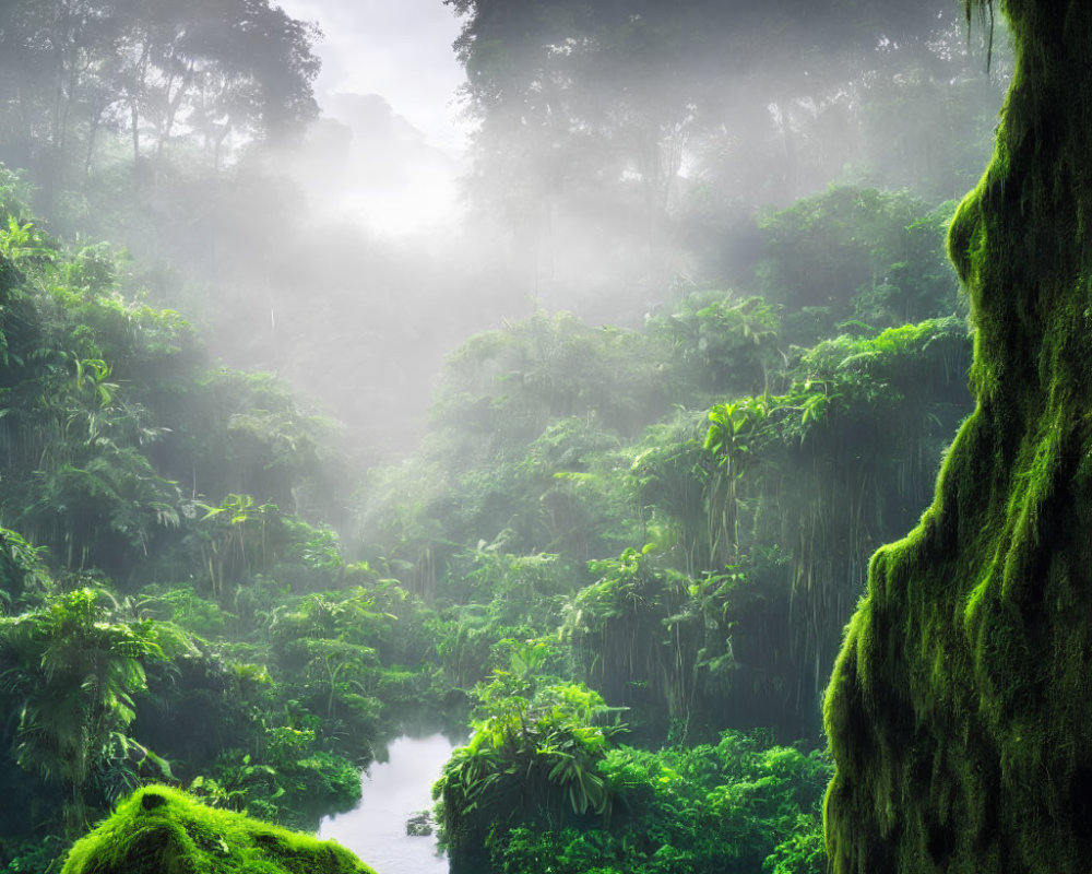 Tranquil jungle scene with mist, greenery, cliffs, and river