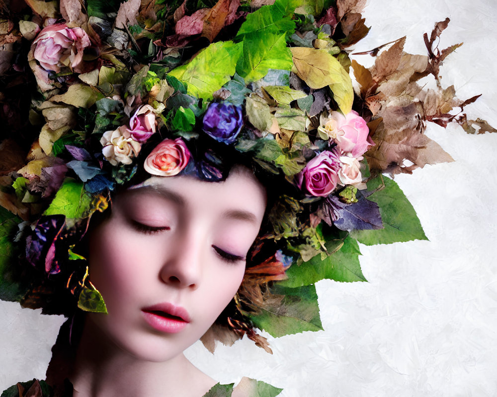 Woman with closed eyes wearing leaf and flower headdress on textured background