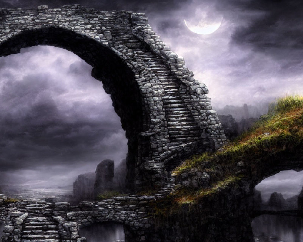 Ancient stone bridge under crescent moon in misty twilight landscape