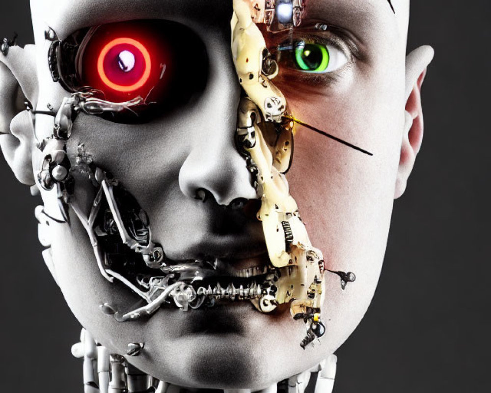 Humanoid Robot with Partially Exposed Mechanical Face and Glaring Red Eye