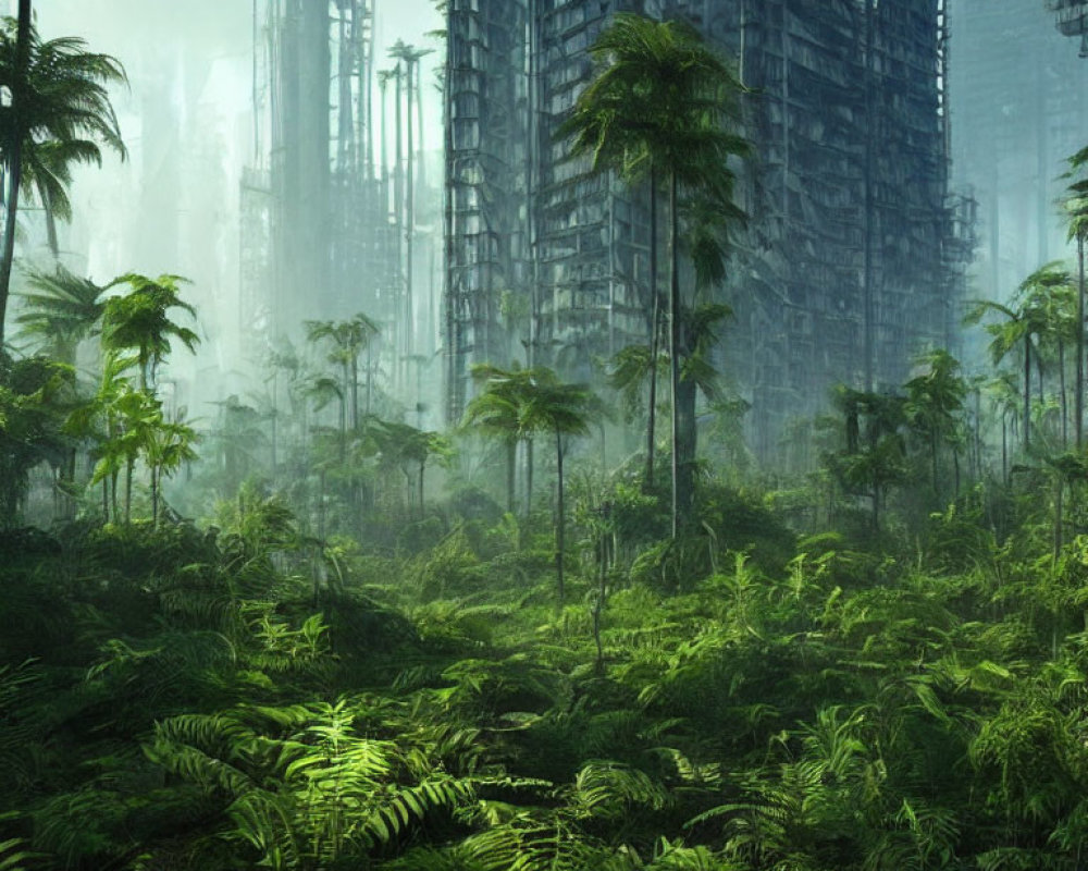 Futuristic skyscrapers behind lush greenery landscape