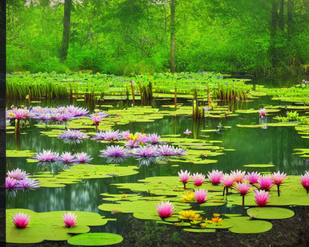 Tranquil pond with pink and white water lilies in misty setting