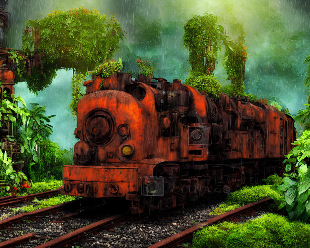 Rusted train in lush, misty green setting