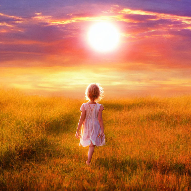 Child in Sundress Walking Through Golden Field at Sunset