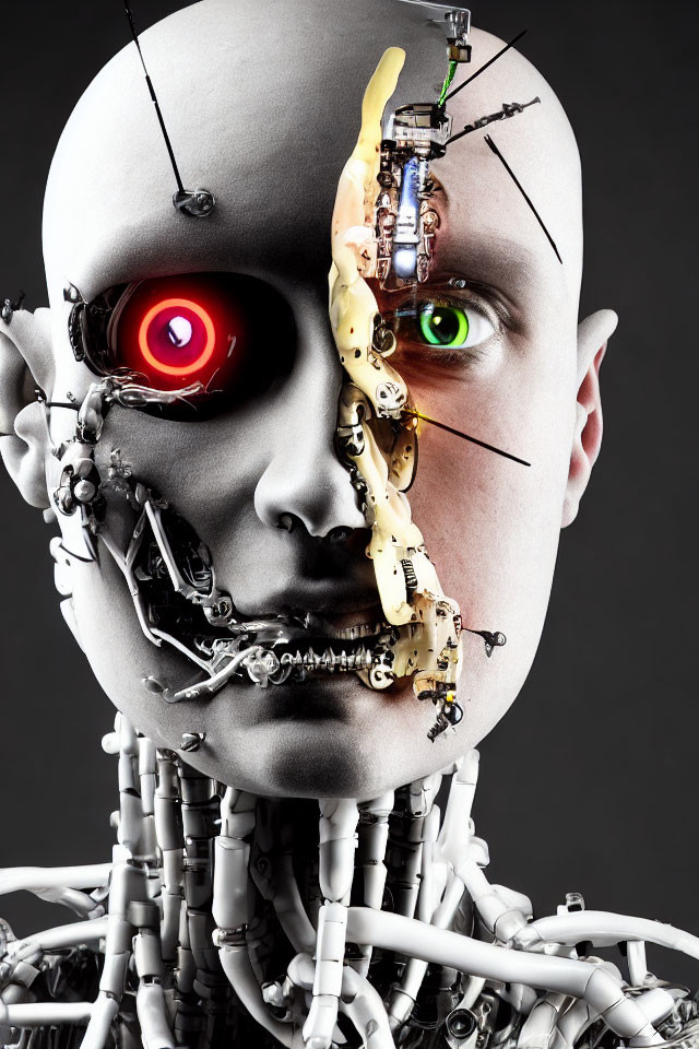Humanoid Robot with Partially Exposed Mechanical Face and Glaring Red Eye