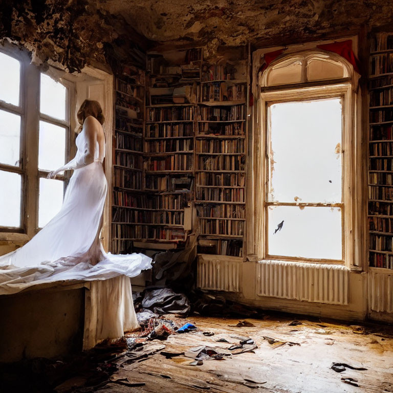 Woman in White Dress Standing by Window in Dilapidated Room with Books and Flying Bird