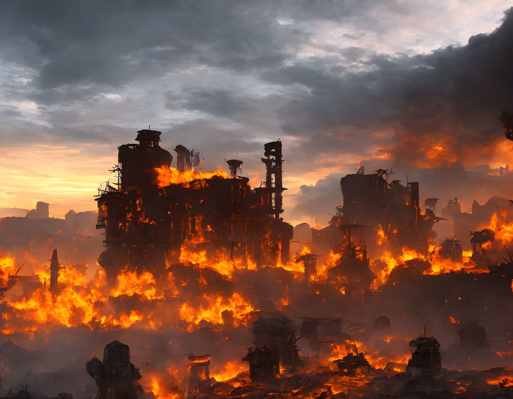 Dystopian landscape with towering structures engulfed in flames