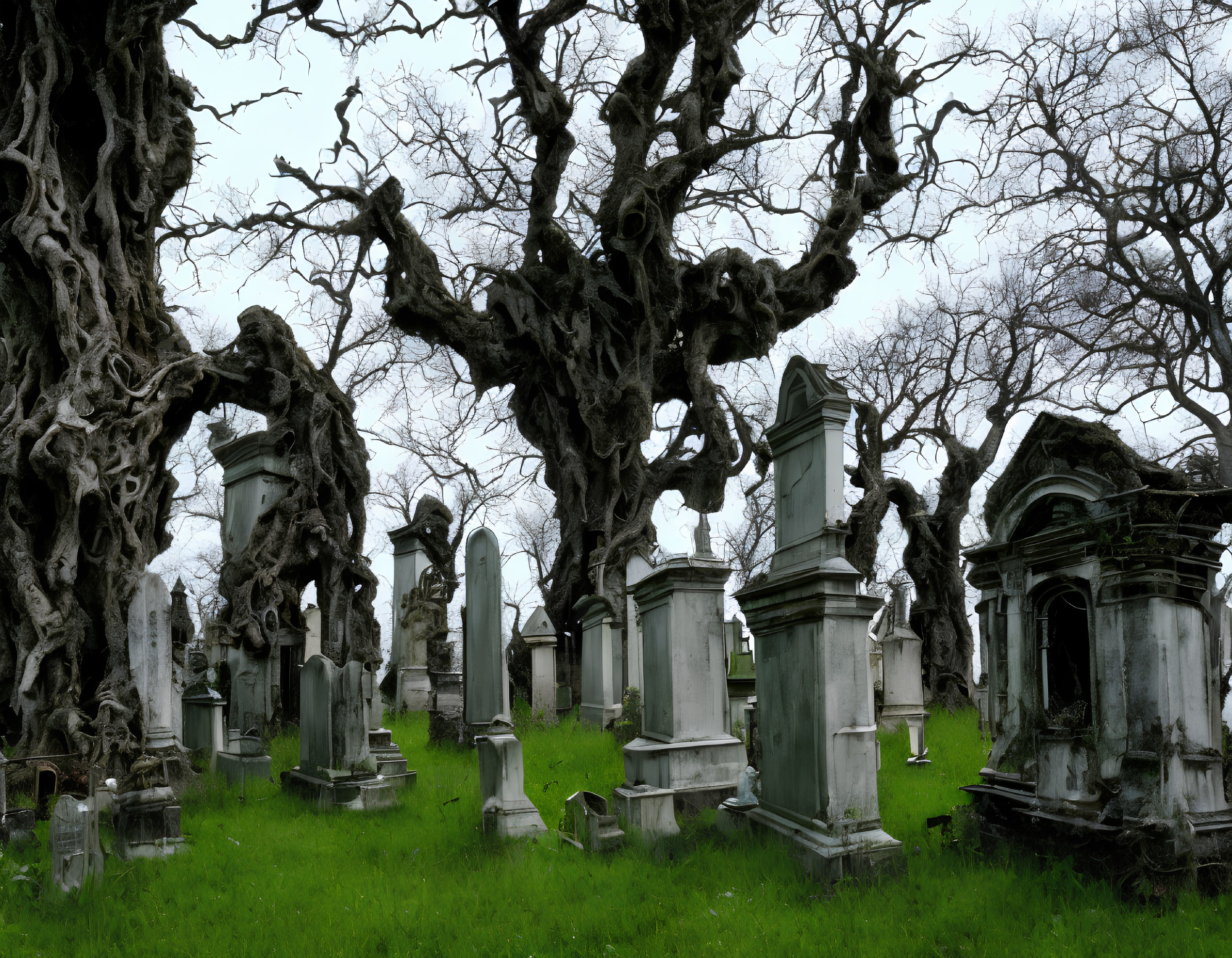 Ornate tombstones in old cemetery with mausoleums and leafless trees
