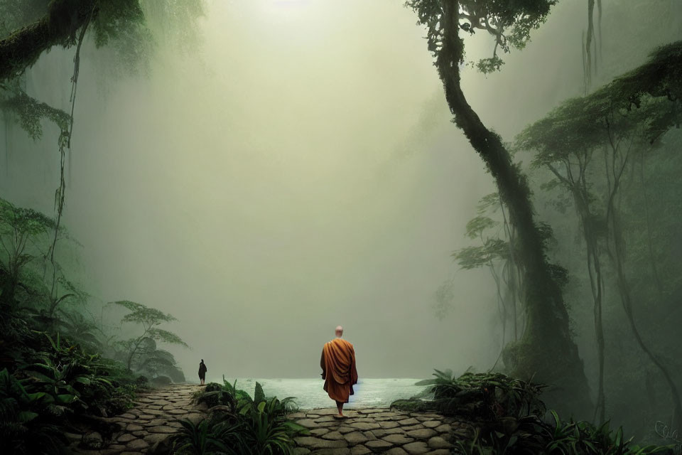 Monk in orange robe walking in misty forest with small dog