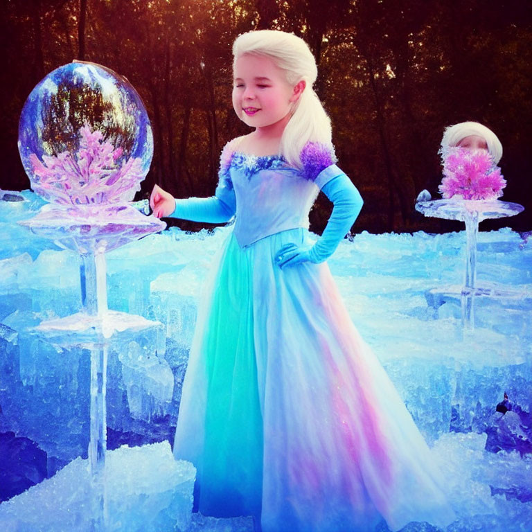 Child in princess costume with crystal orb on ice sculpture in frosty scene