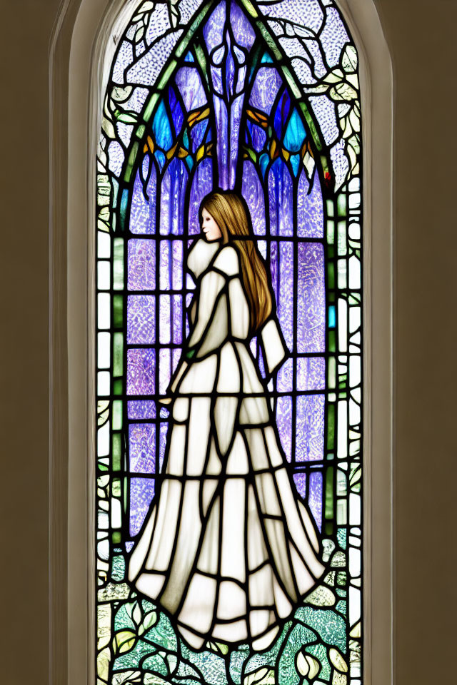Stained-glass window of contemplative woman in flowing dress