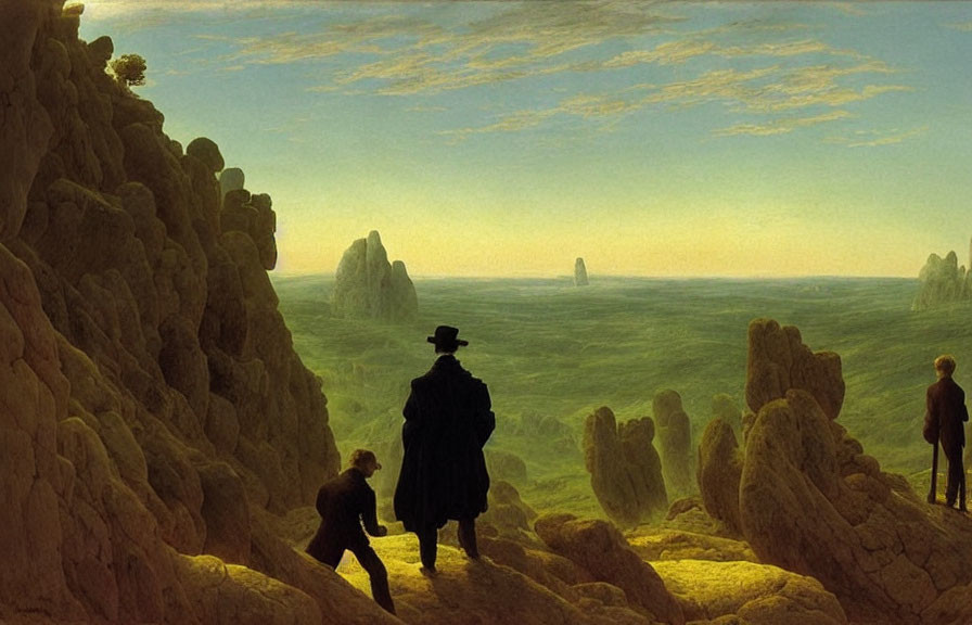 19th-Century Figures in Dramatic Landscape with Rock Formations