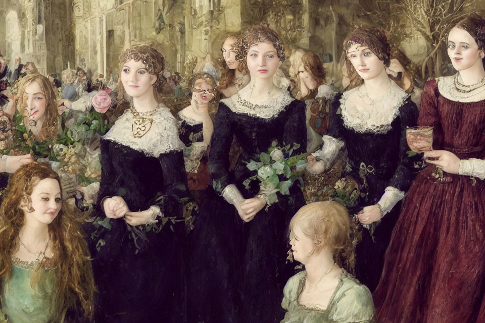 Elegant women in vintage dresses at social gathering