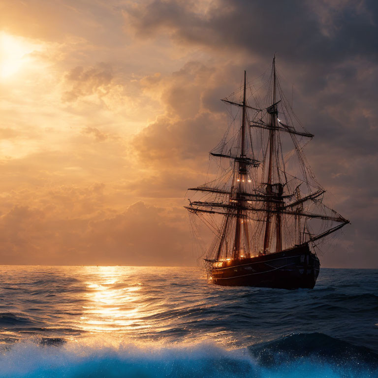 Sailing ship with multiple masts on tranquil sea at sunset