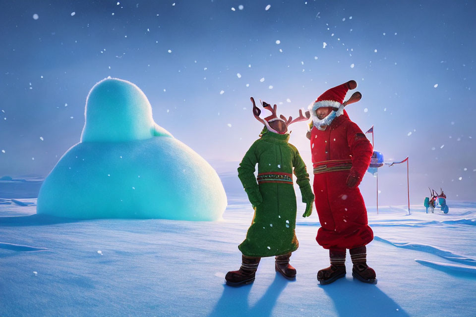 Animated Santa and reindeer characters in snowy landscape with igloo and children.