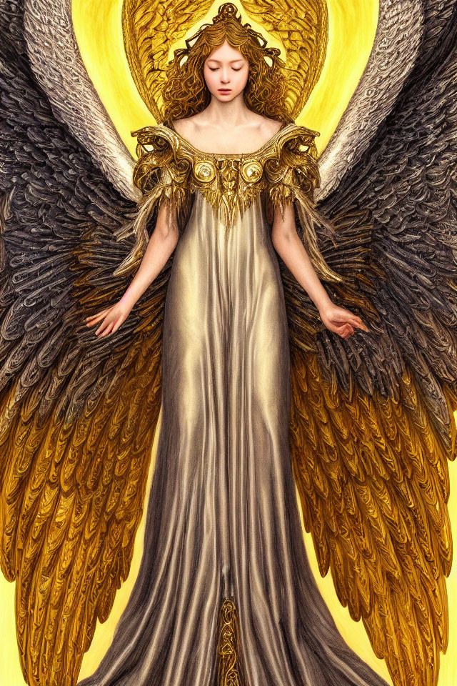 Serene figure with black and gold wings and halo - angelic artwork