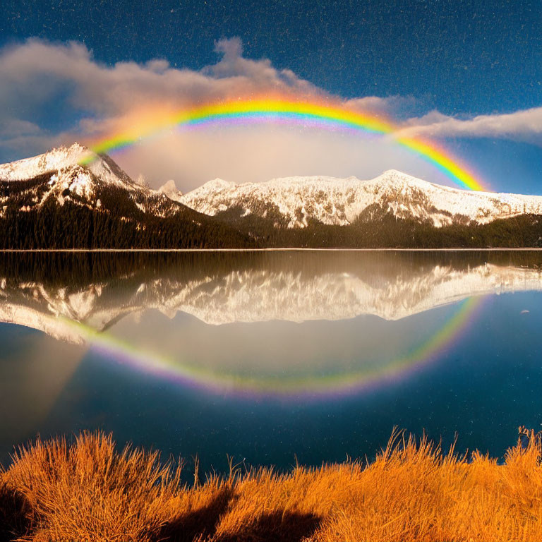 Double rainbow over mountain lake with snowy peaks and amber grasses