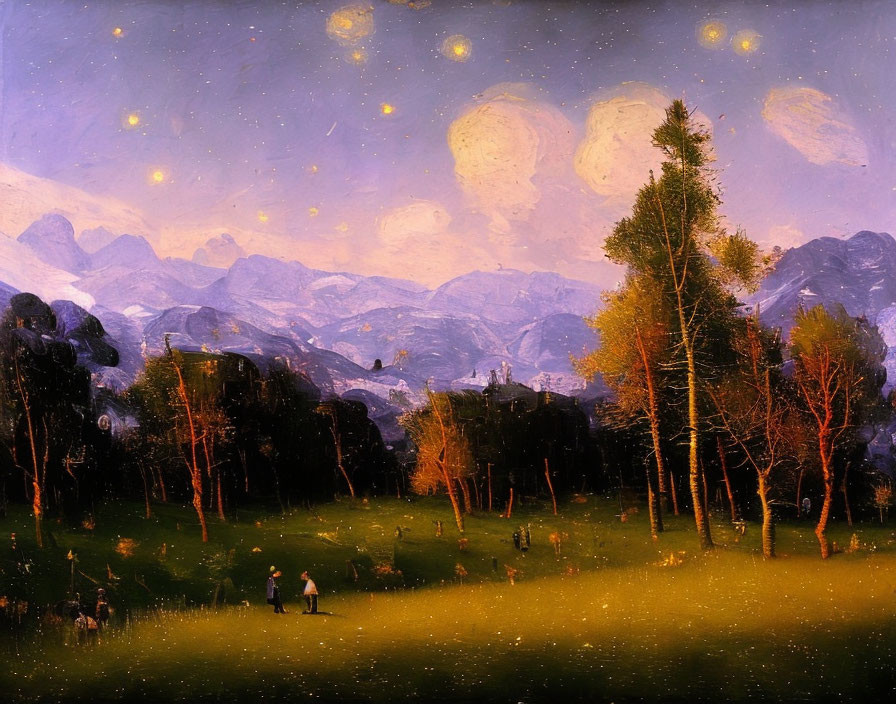 Twilight landscape painting with people in meadow, multiple moons, trees, and mountains