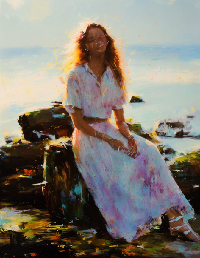 Woman in flowing dress sitting on rock in serene seascape with warm, dreamy sunlight.