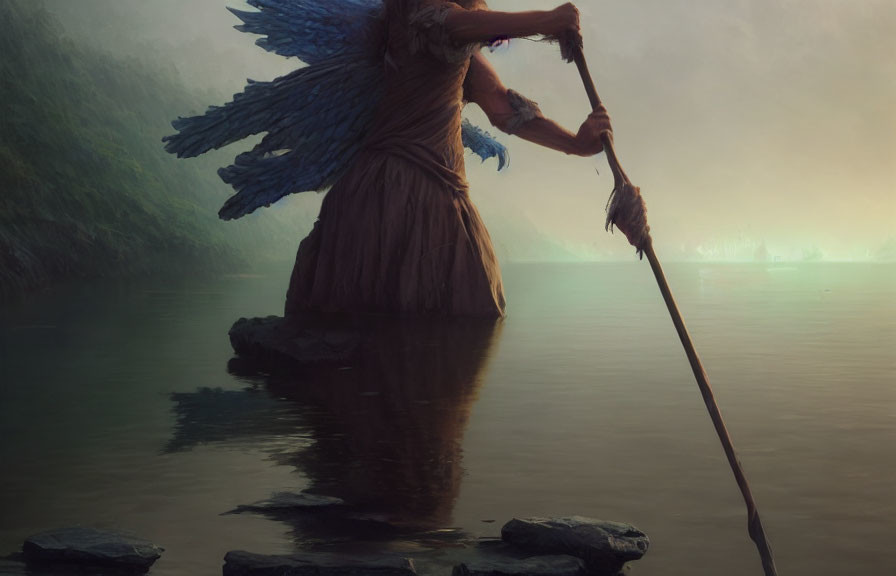 Mythological winged creature with staff in shallow water