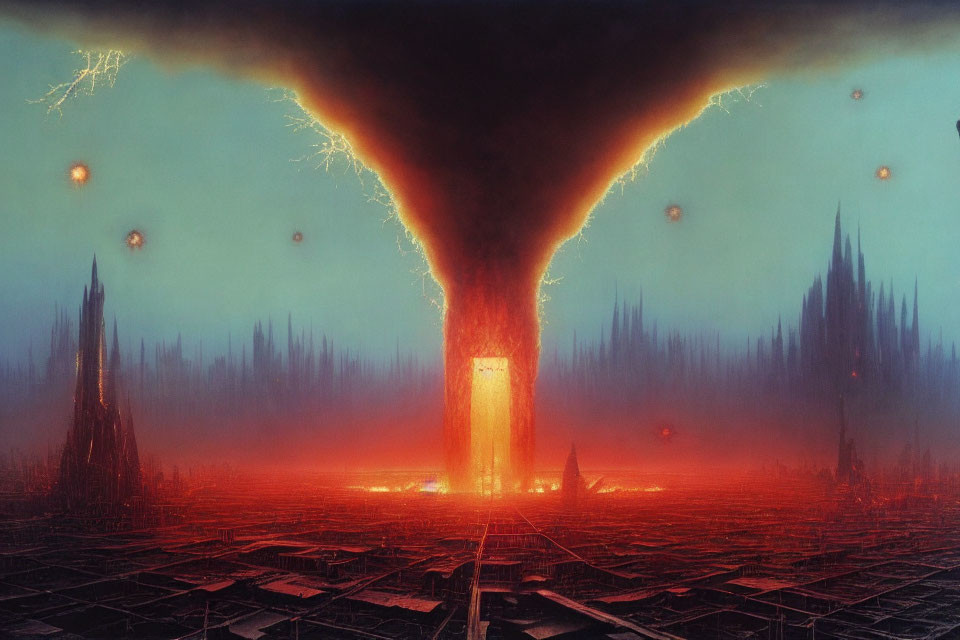 Dystopian landscape with fire tornado, lava field, and dark spires
