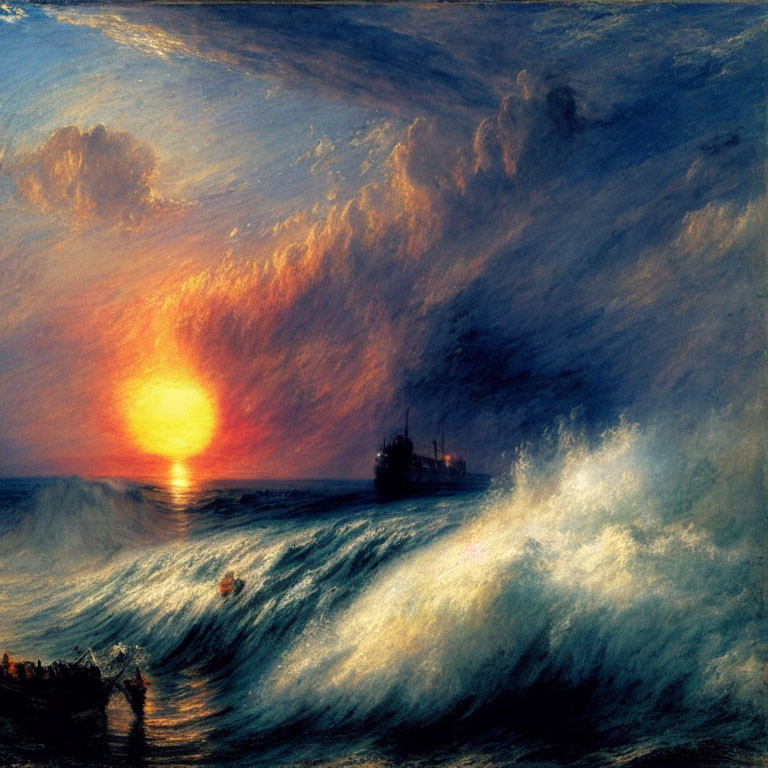 Dramatic seascape painting with waves, sunset sky, ship, and clouds
